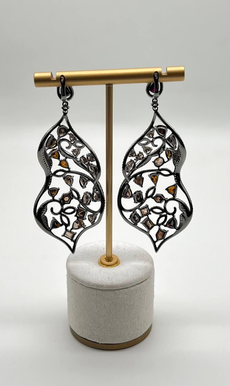 Fancy Color Diamond & White Diamonds 18K White Black Gold Statement Earrings