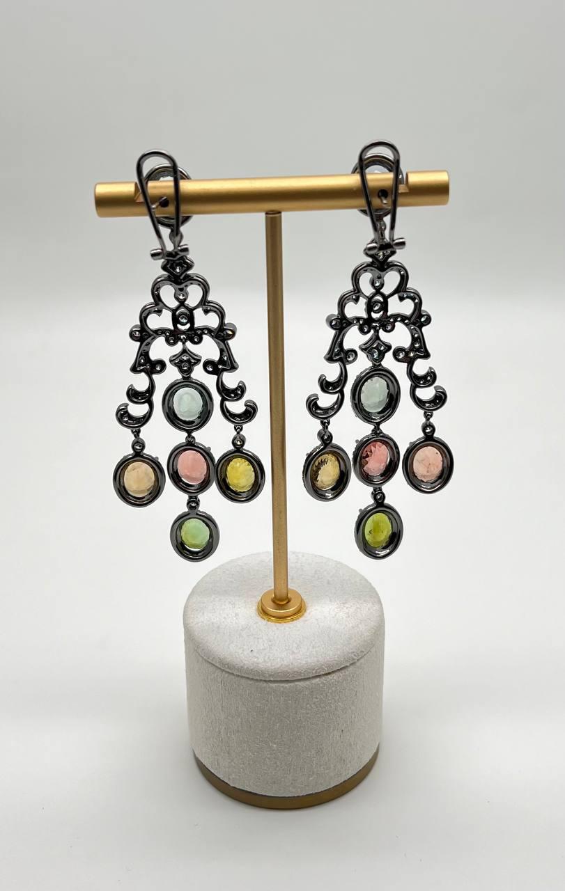 Multi Color Tourmalines Diamond Halo 18K Black White Gold Statement Earrings