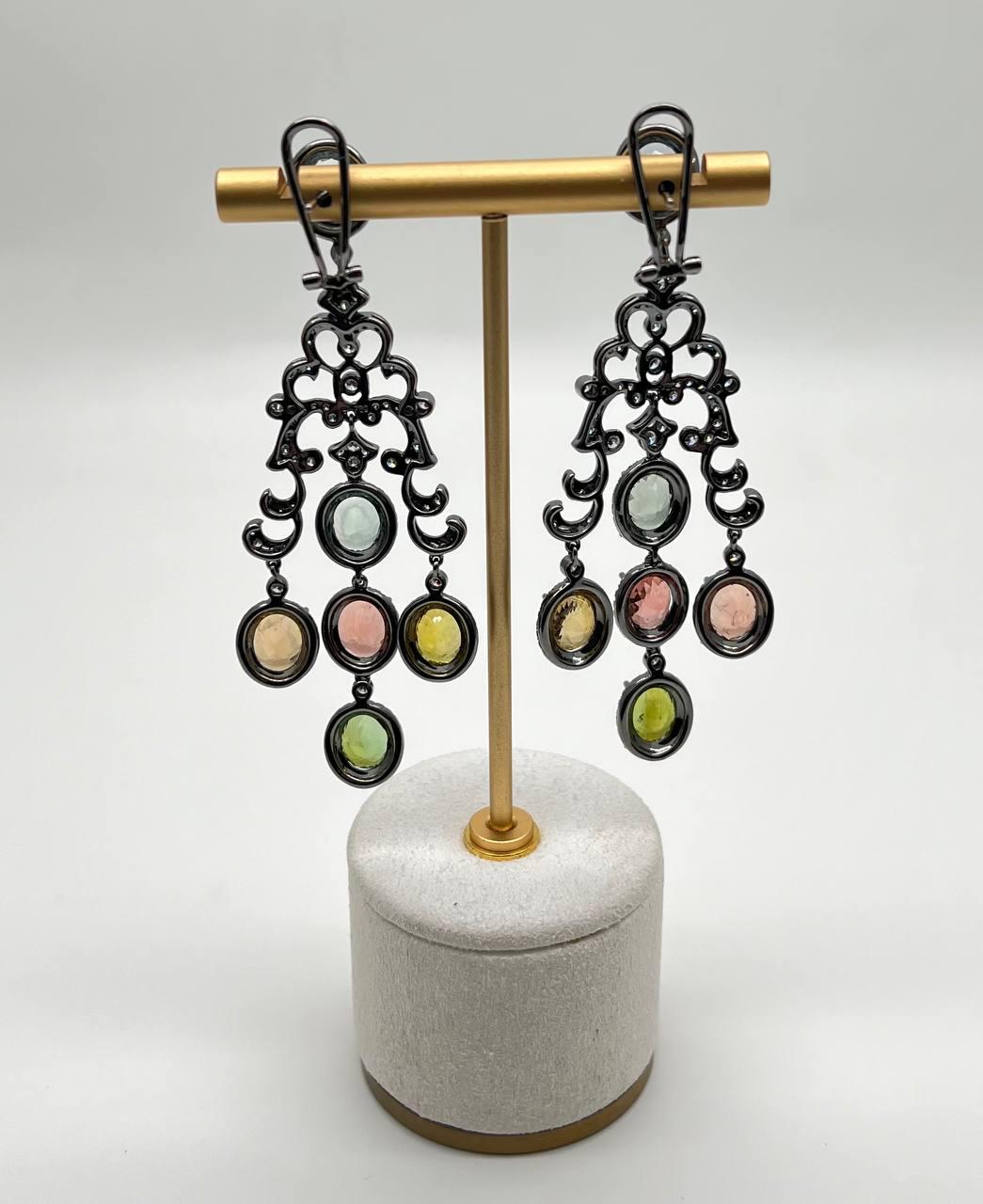 Multi Color Tourmalines Diamond Halo 18K Black White Gold Statement Earrings