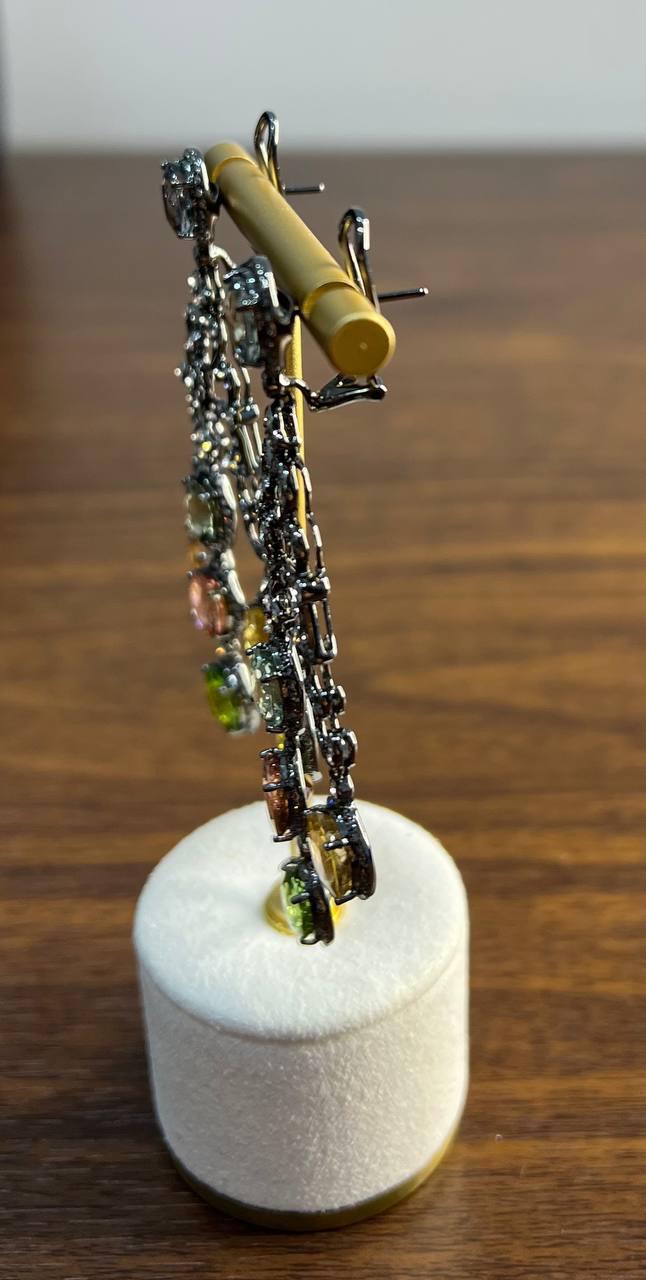 Multi Color Tourmalines Diamond Halo 18K Black White Gold Statement Earrings