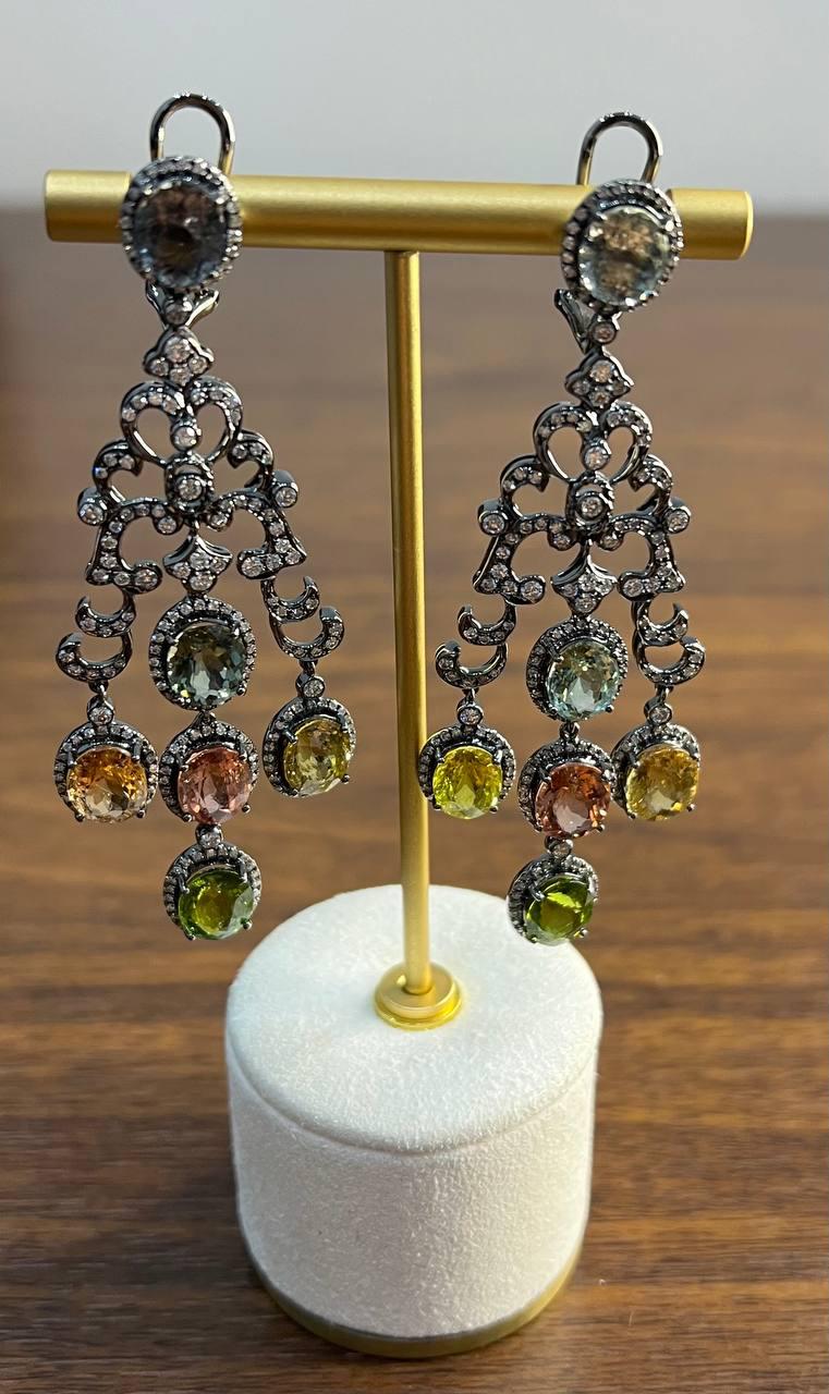 Multi Color Tourmalines Diamond Halo 18K Black White Gold Statement Earrings