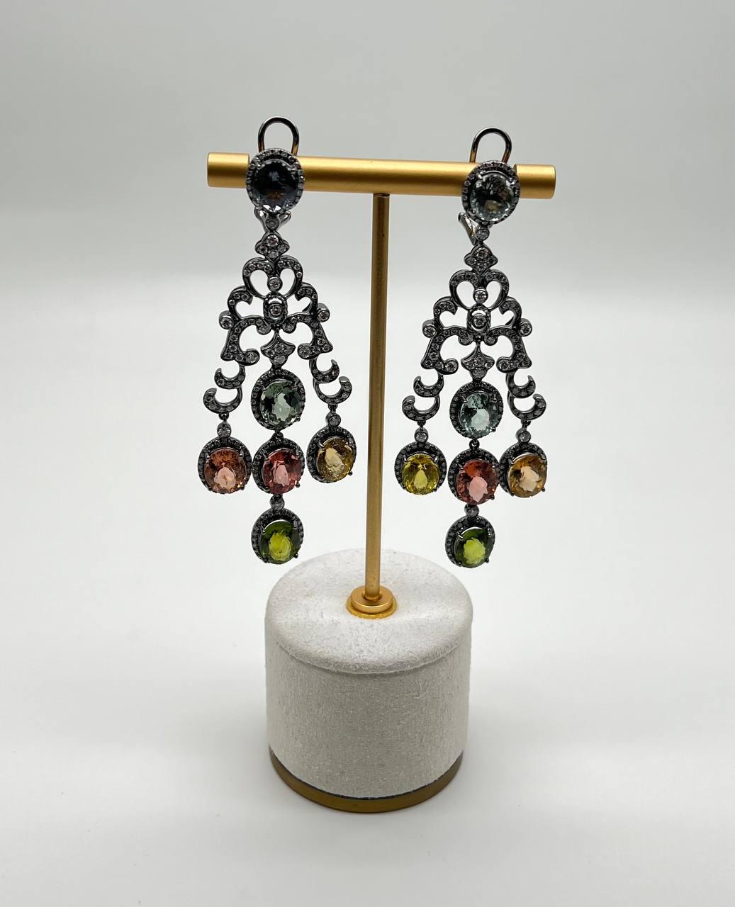 Multi Color Tourmalines Diamond Halo 18K Black White Gold Statement Earrings