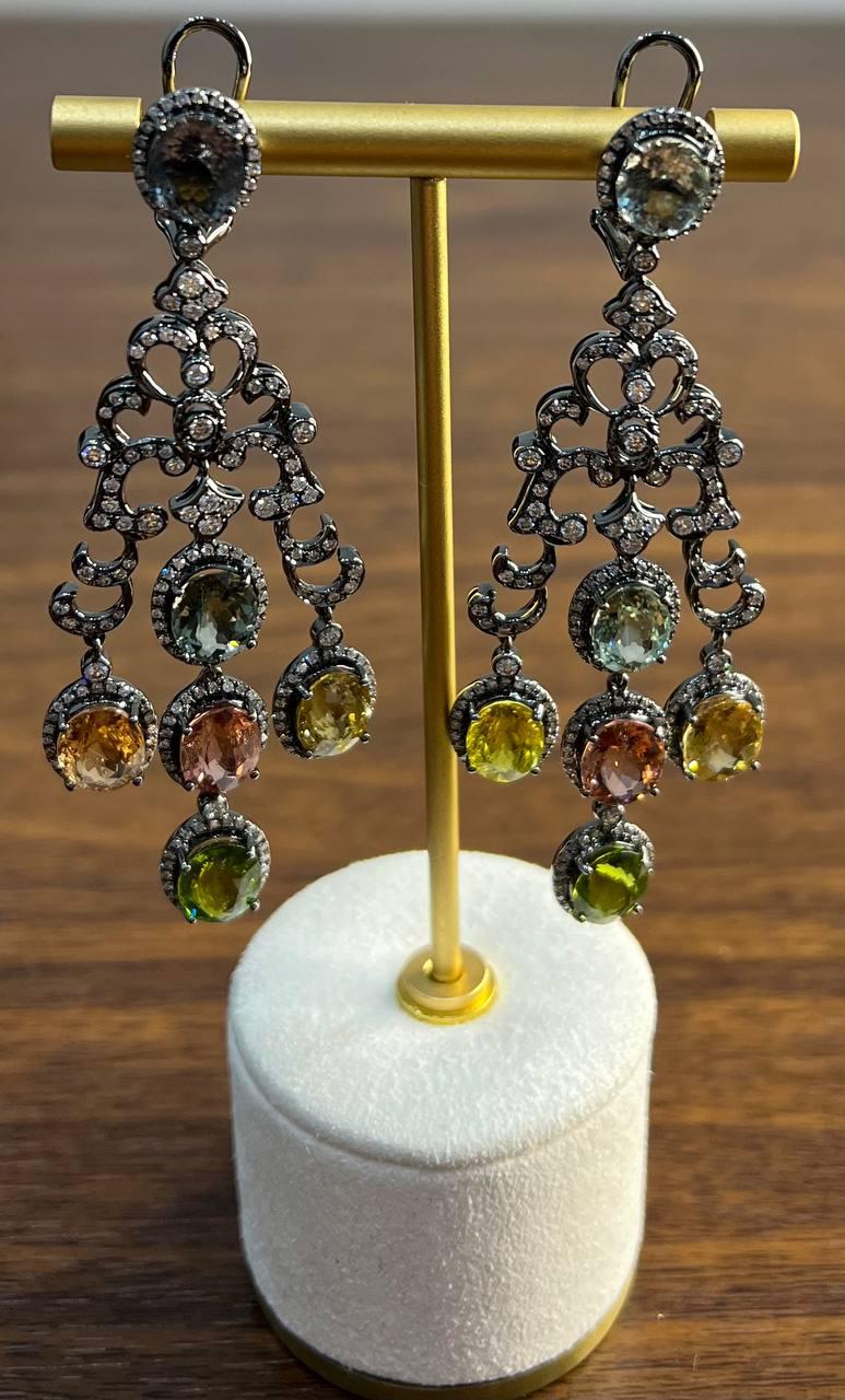 Multi Color Tourmalines Diamond Halo 18K Black White Gold Statement Earrings