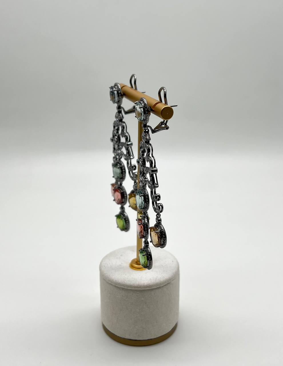 Multi Color Tourmalines Diamond Halo 18K Black White Gold Statement Earrings