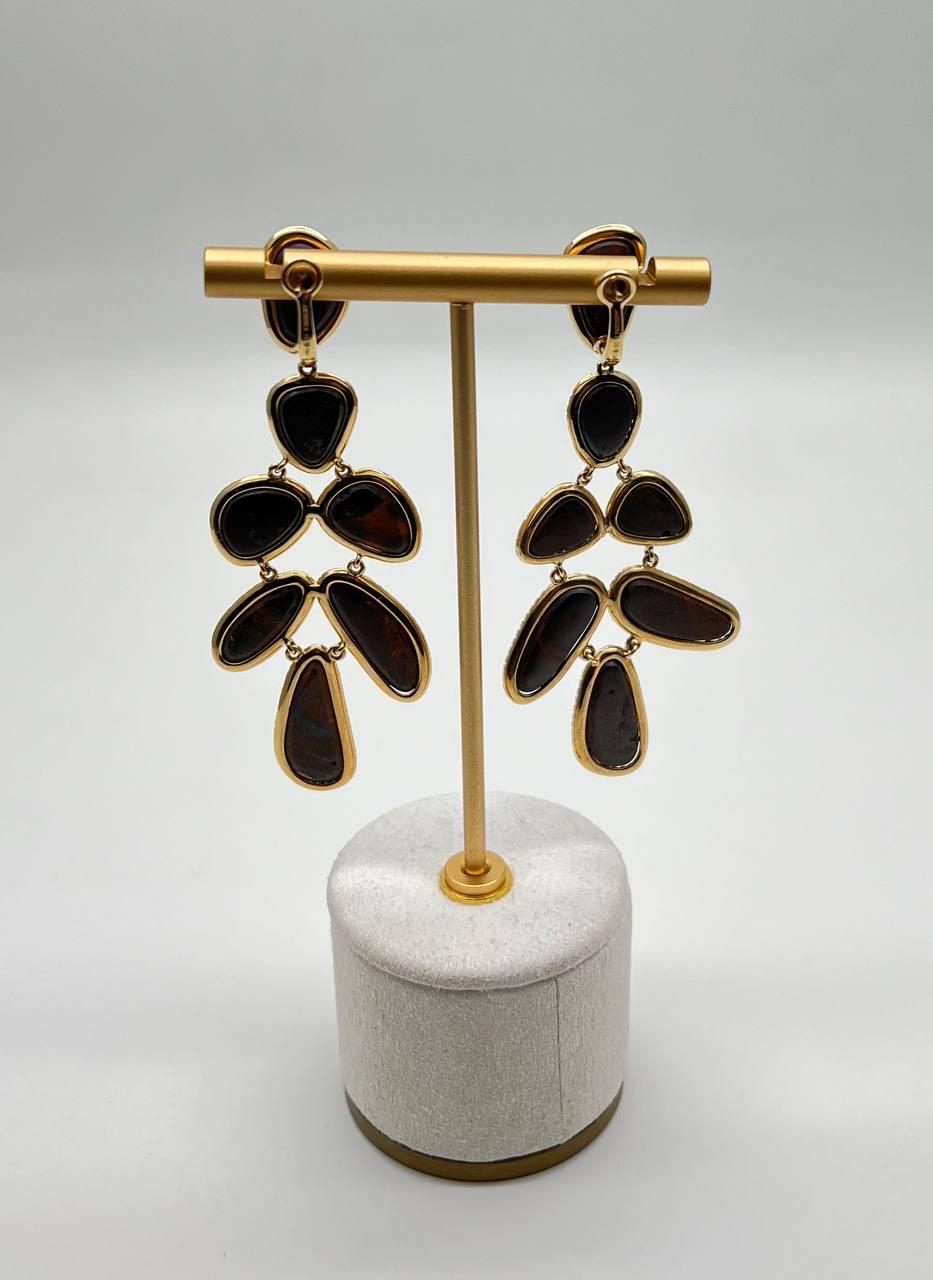 Blue Opals Diamond Halo 18 Karat Yellow Gold Drop Statement Unique Earrings