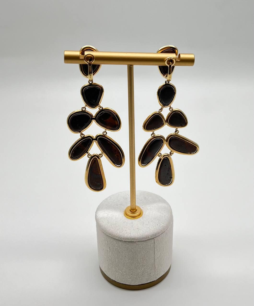 Blue Opals Diamond Halo 18 Karat Yellow Gold Drop Statement Unique Earrings