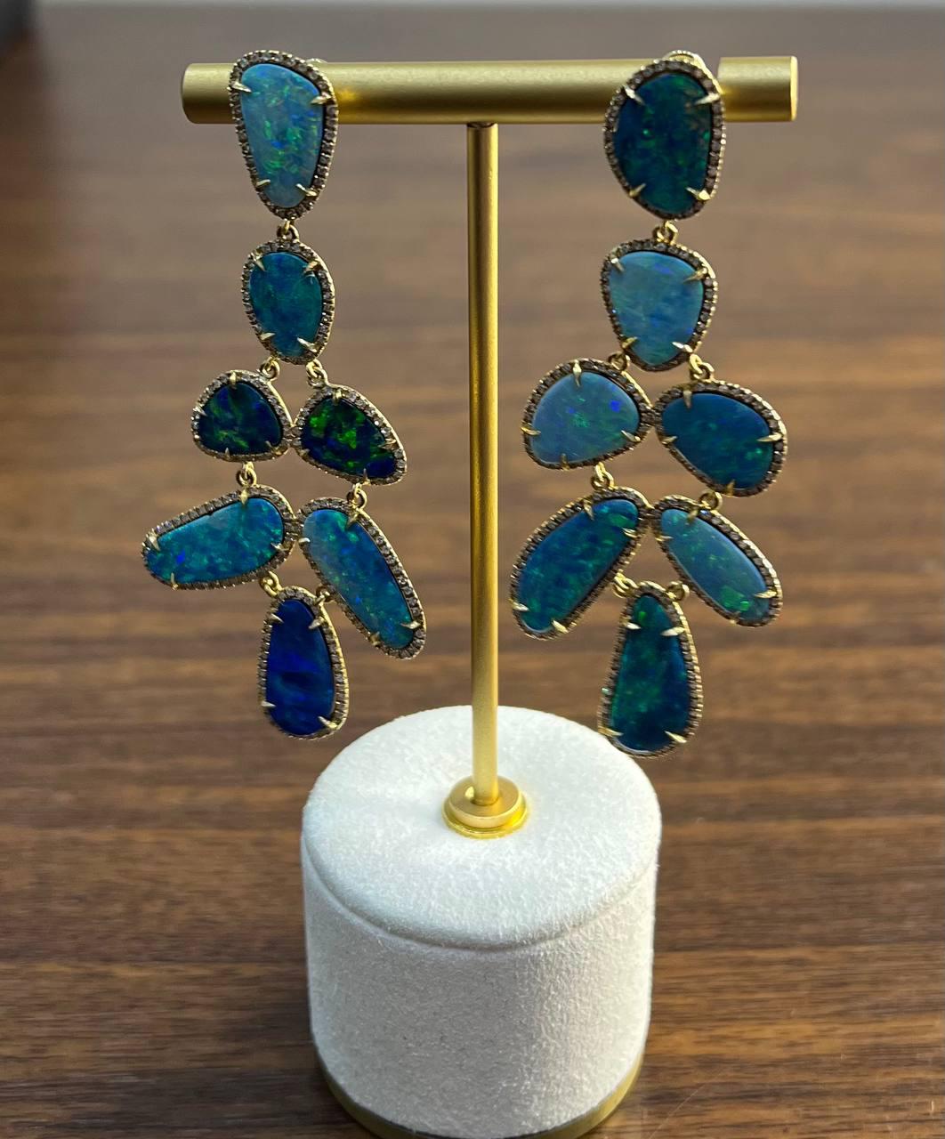 Blue Opals Diamond Halo 18 Karat Yellow Gold Drop Statement Unique Earrings