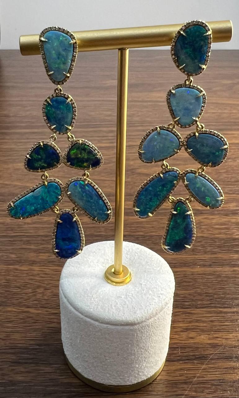 Blue Opals Diamond Halo 18 Karat Yellow Gold Drop Statement Unique Earrings