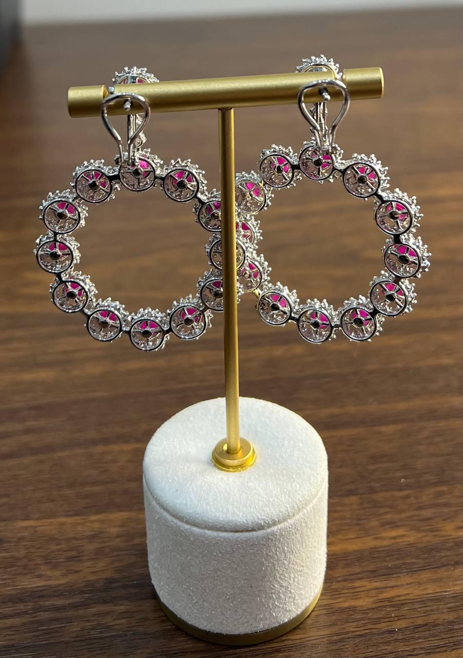 Ruby & White Diamond 18 Karat White Gold Chandelier Statement Circle Earrings