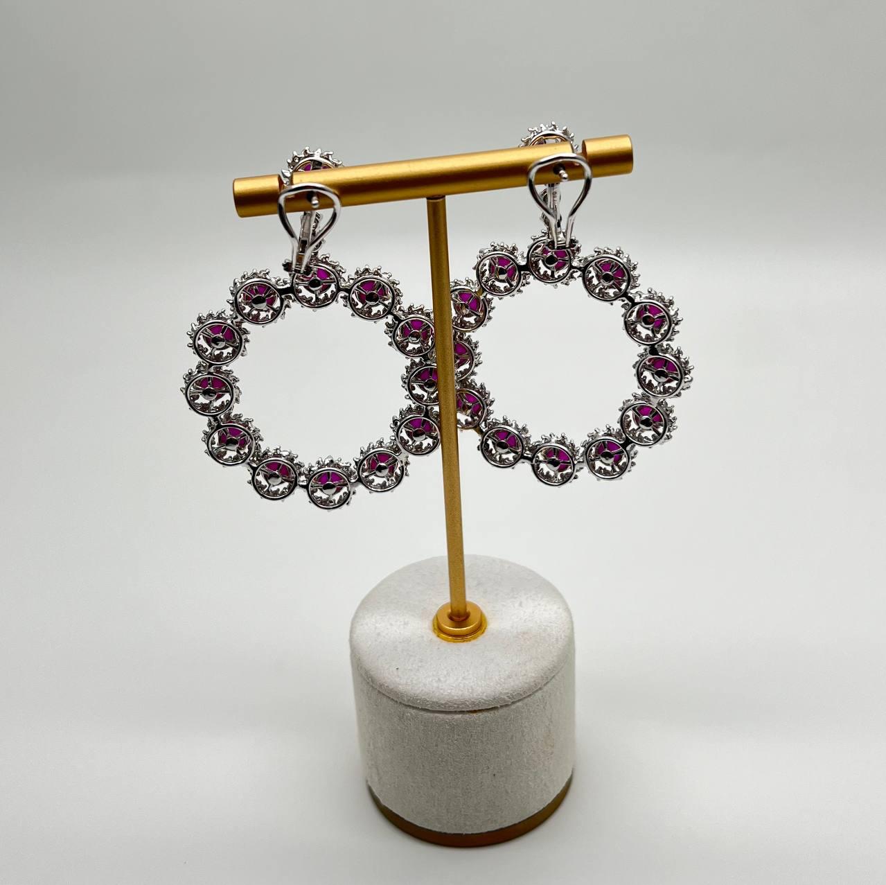 Ruby & White Diamond 18 Karat White Gold Chandelier Statement Circle Earrings