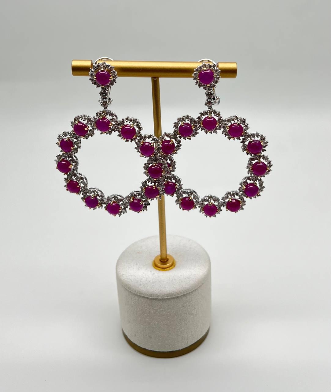 Ruby & White Diamond 18 Karat White Gold Chandelier Statement Circle Earrings