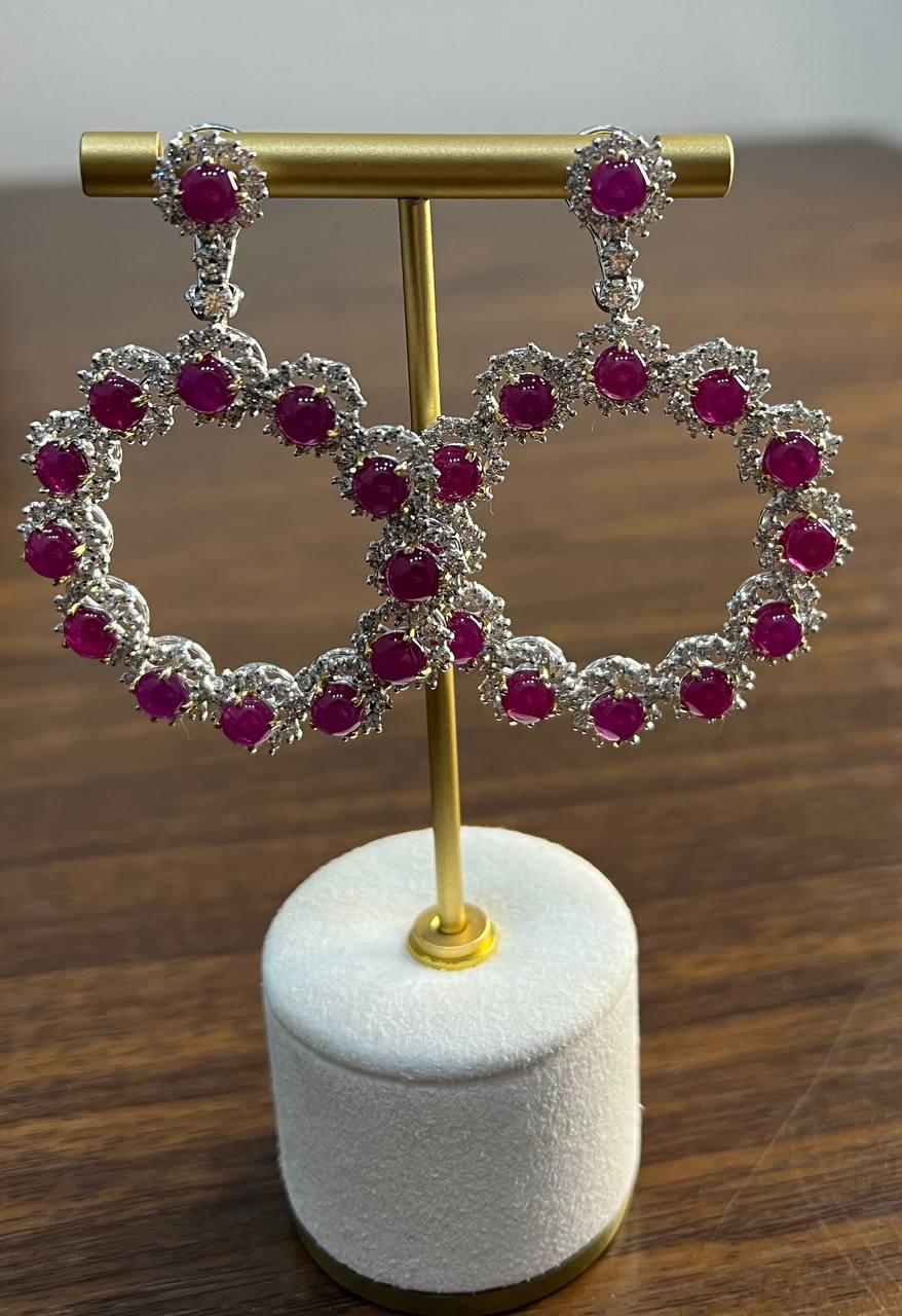 Ruby & White Diamond 18 Karat White Gold Chandelier Statement Circle Earrings