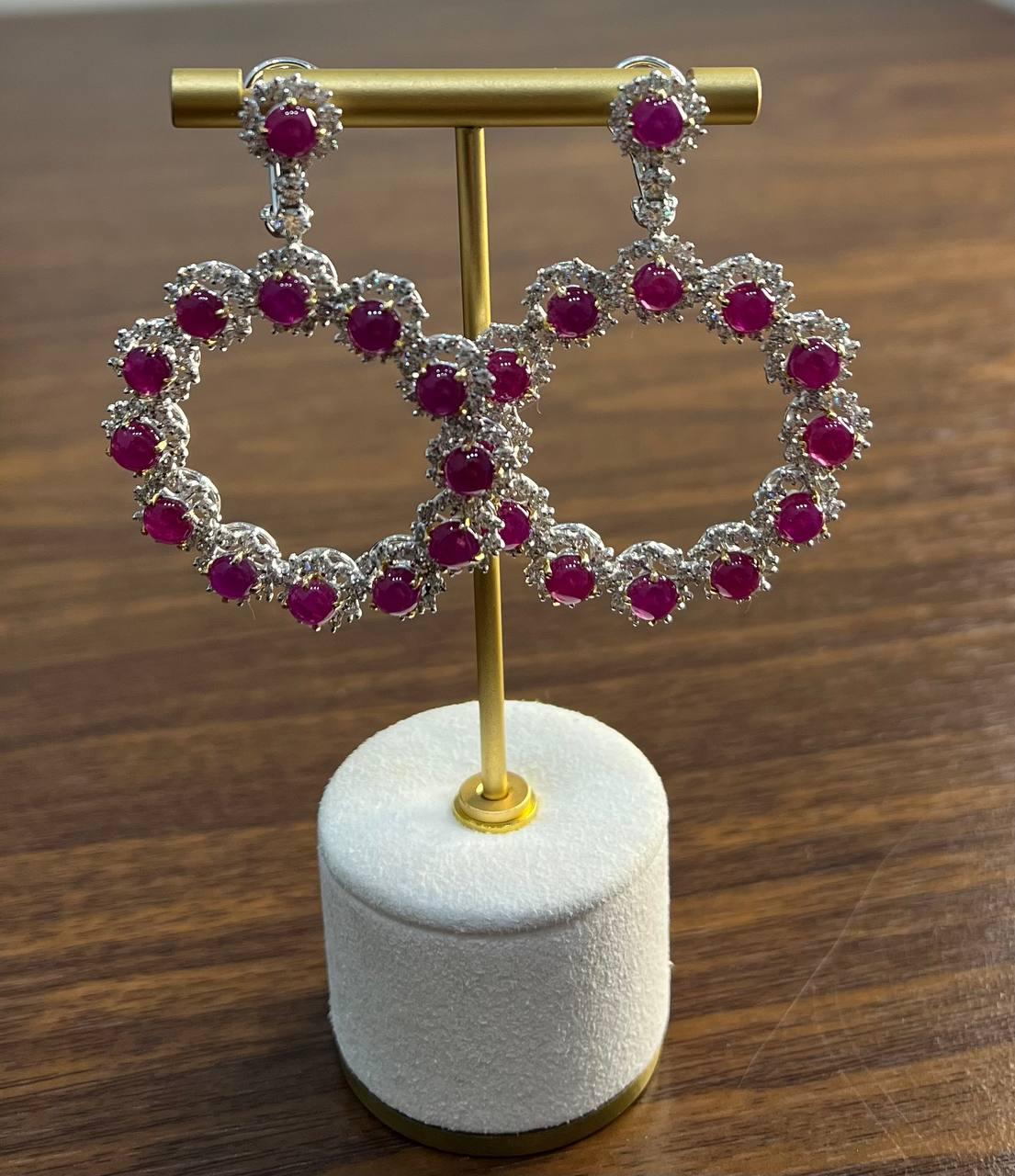 Ruby & White Diamond 18 Karat White Gold Chandelier Statement Circle Earrings