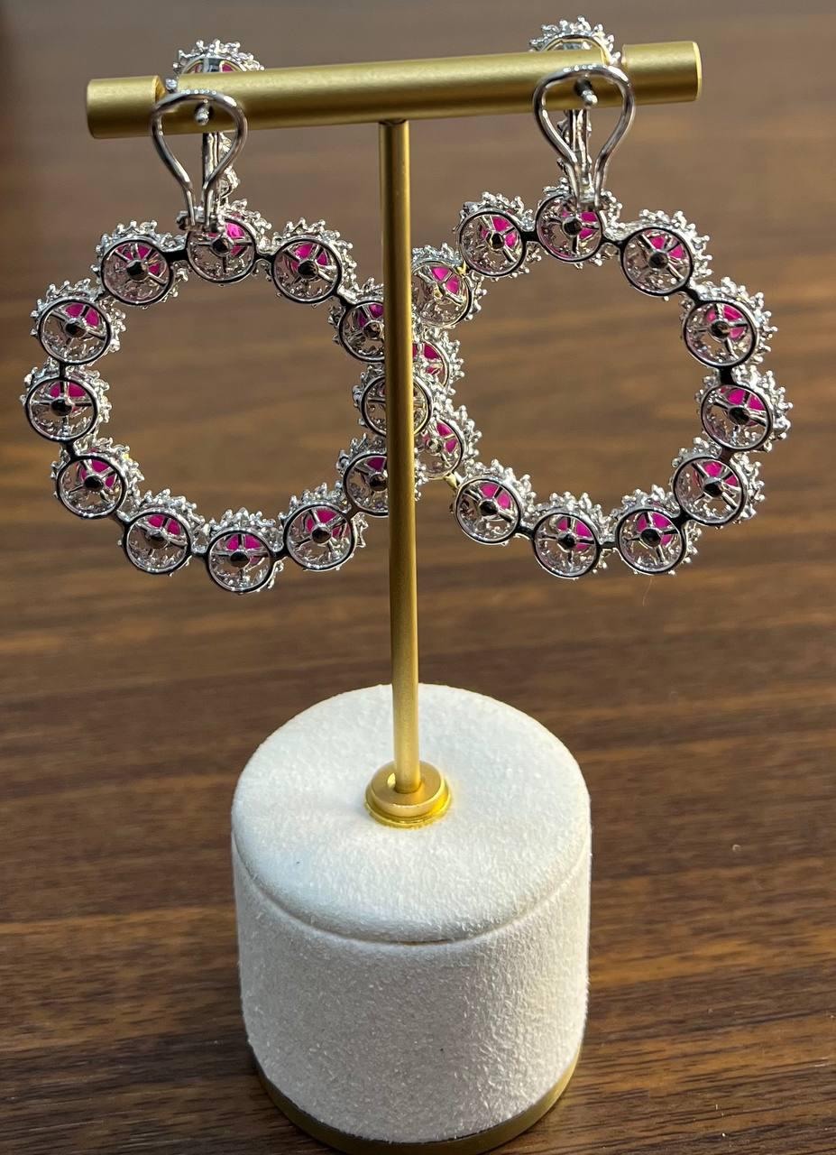 Ruby & White Diamond 18 Karat White Gold Chandelier Statement Circle Earrings