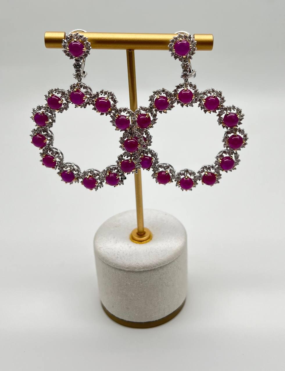 Ruby & White Diamond 18 Karat White Gold Chandelier Statement Circle Earrings