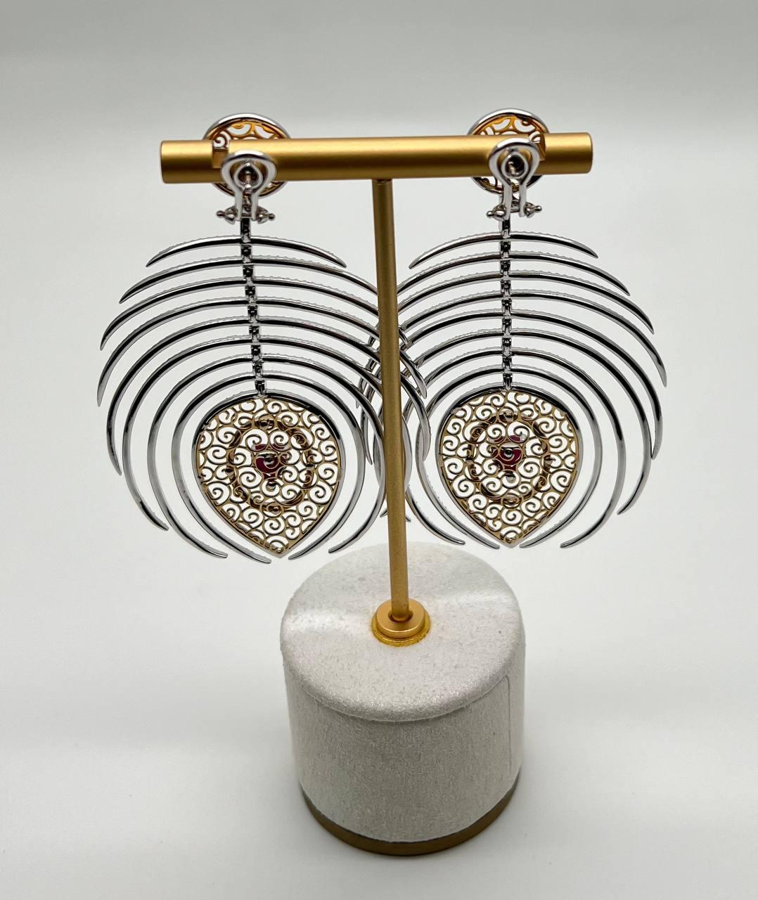 Heart Shape Ruby Diamond Halo Eastern Symbol Statement 18K White Gold Earrings