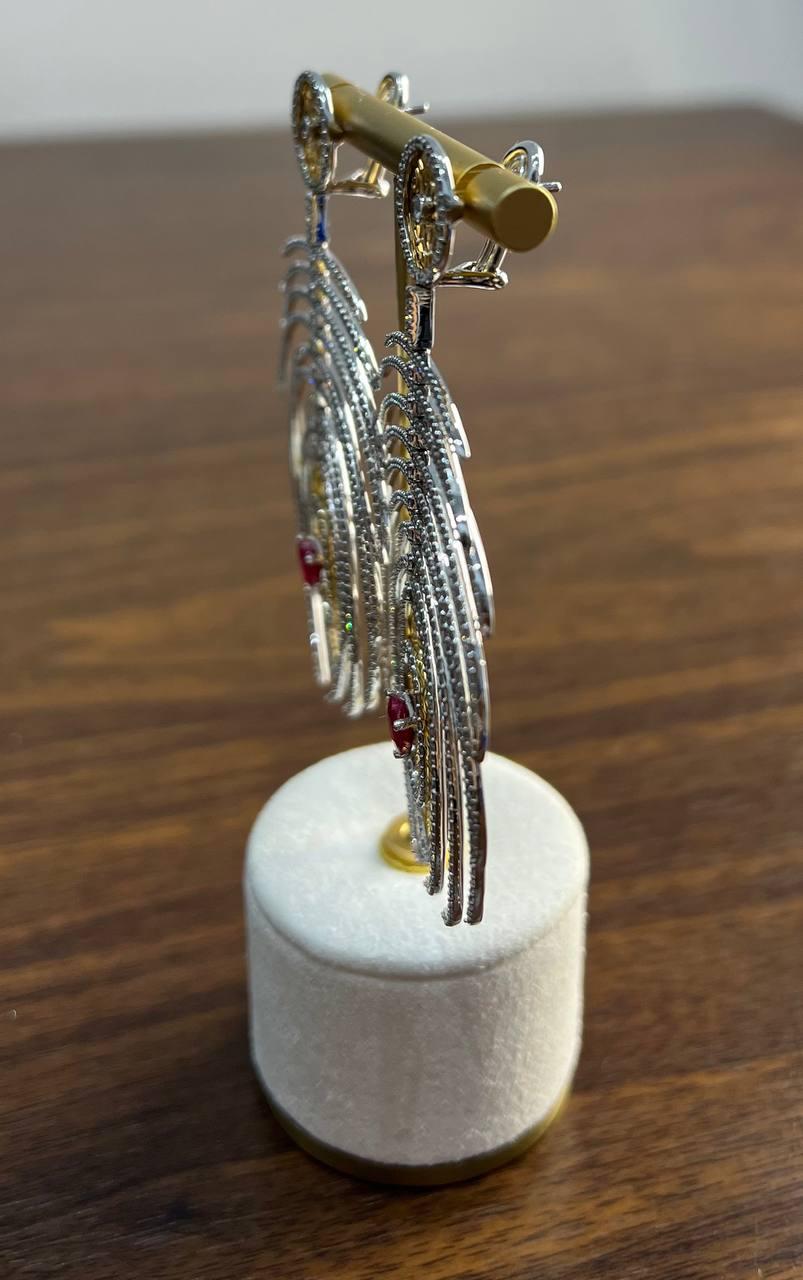 Heart Shape Ruby Diamond Halo Eastern Symbol Statement 18K White Gold Earrings