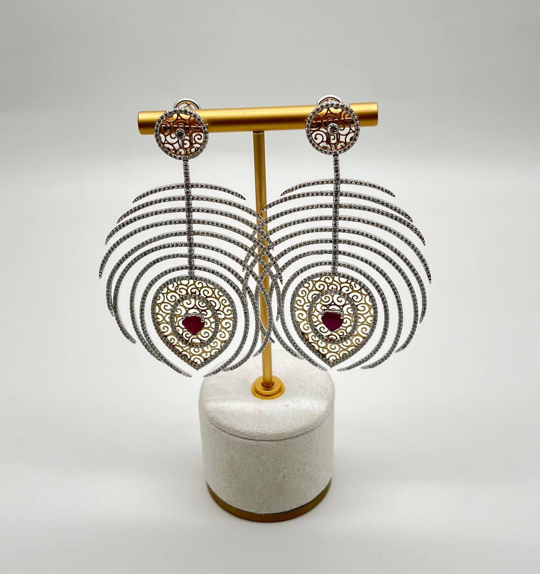 Heart Shape Ruby Diamond Halo Eastern Symbol Statement 18K White Gold Earrings