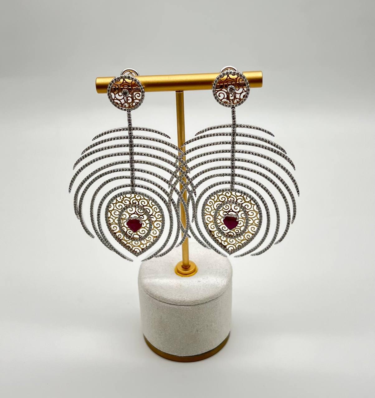 Heart Shape Ruby Diamond Halo Eastern Symbol Statement 18K White Gold Earrings