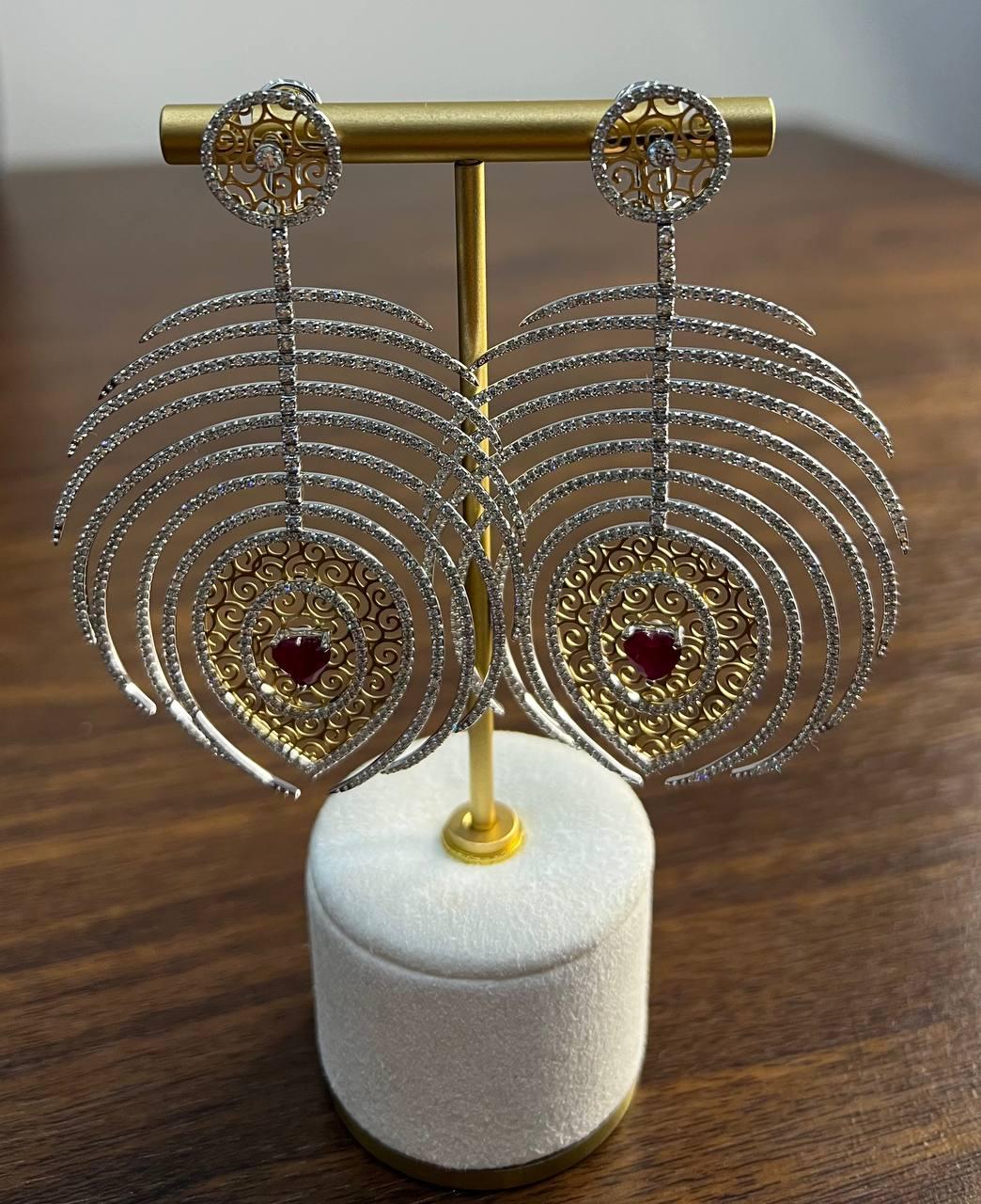 Heart Shape Ruby Diamond Halo Eastern Symbol Statement 18K White Gold Earrings