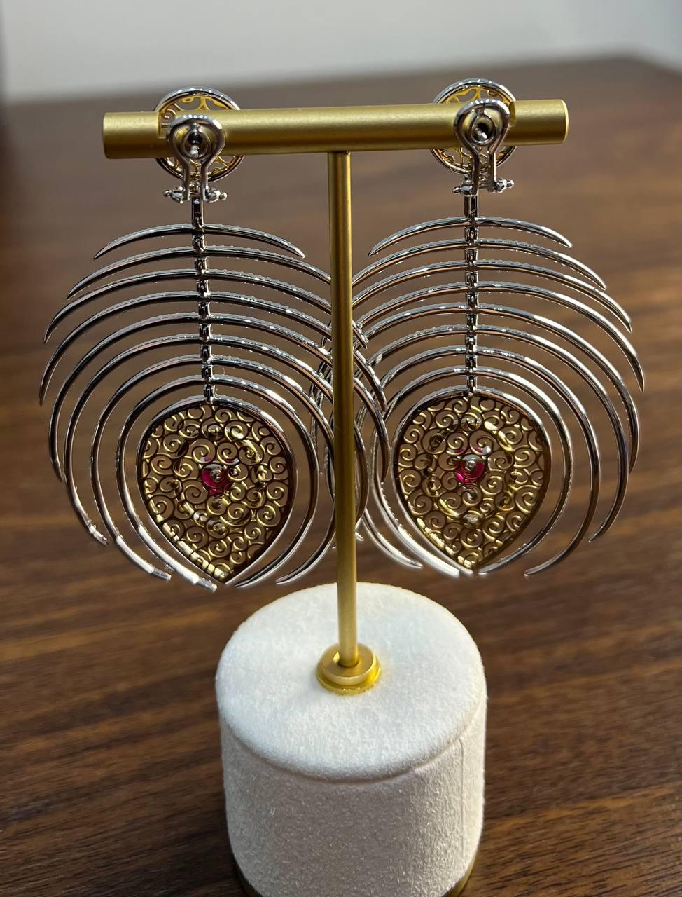 Heart Shape Ruby Diamond Halo Eastern Symbol Statement 18K White Gold Earrings