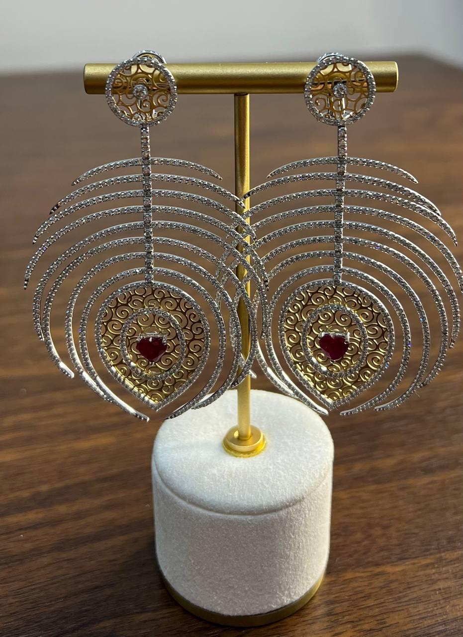 Heart Shape Ruby Diamond Halo Eastern Symbol Statement 18K White Gold Earrings