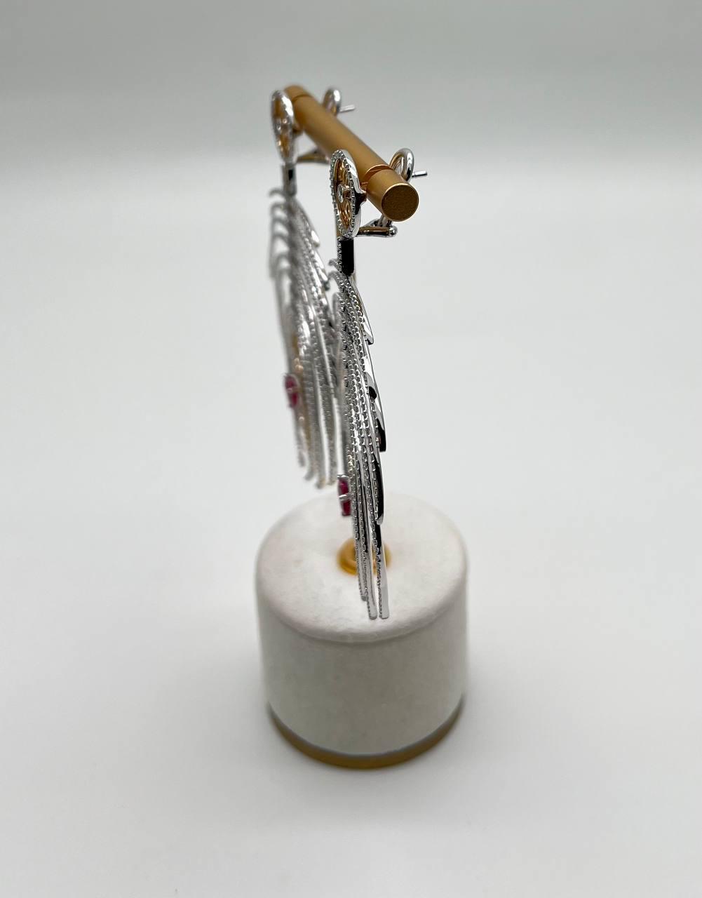 Heart Shape Ruby Diamond Halo Eastern Symbol Statement 18K White Gold Earrings