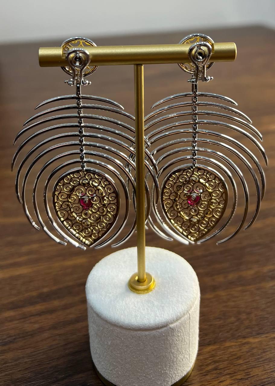 Heart Shape Ruby Diamond Halo Eastern Symbol Statement 18K White Gold Earrings