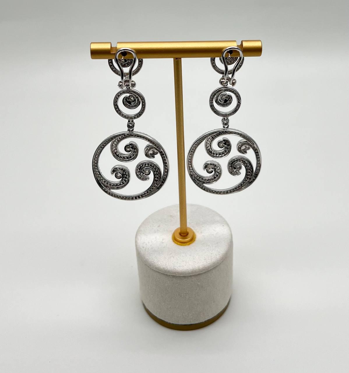 White Diamond Swirl Waves 18 Karat White Gold Drop Statement Pave Bezel Earrings