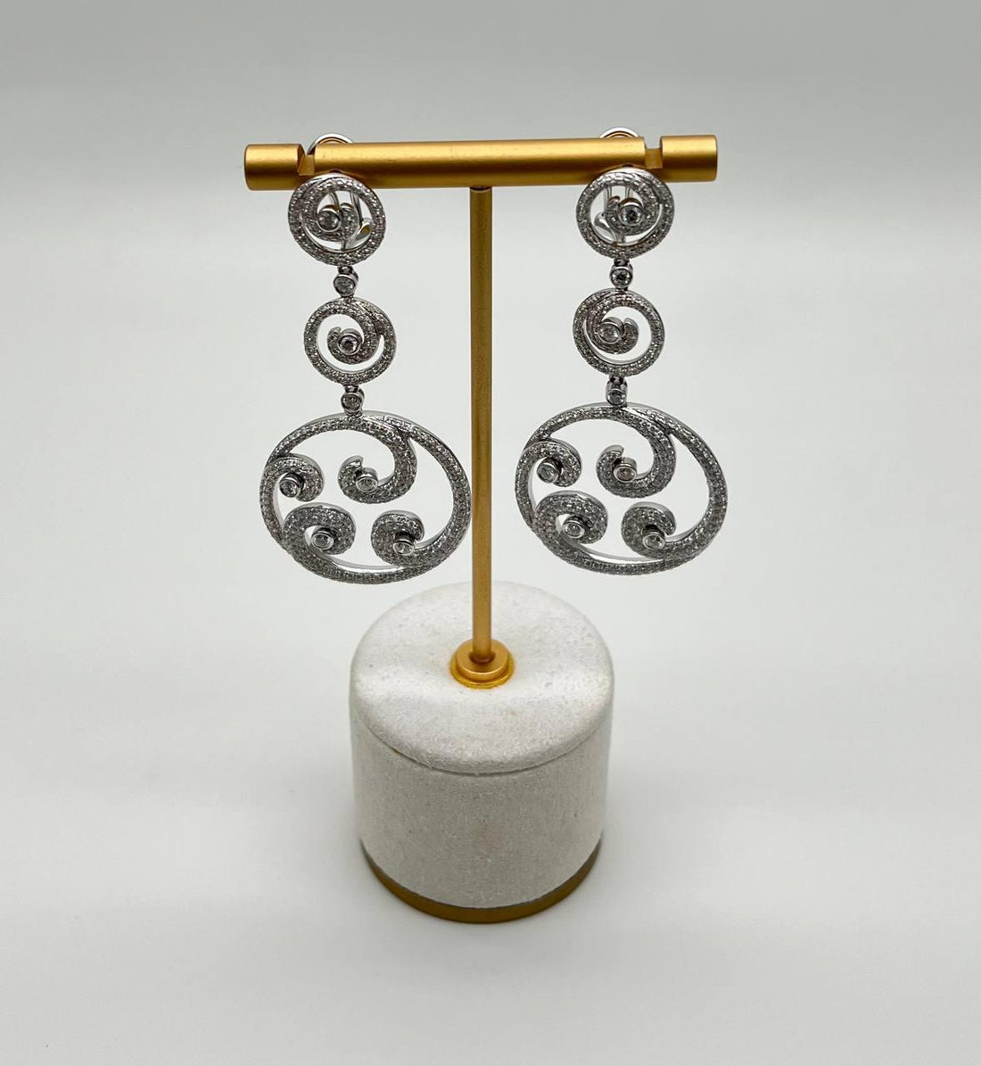 White Diamond Swirl Waves 18 Karat White Gold Drop Statement Pave Bezel Earrings