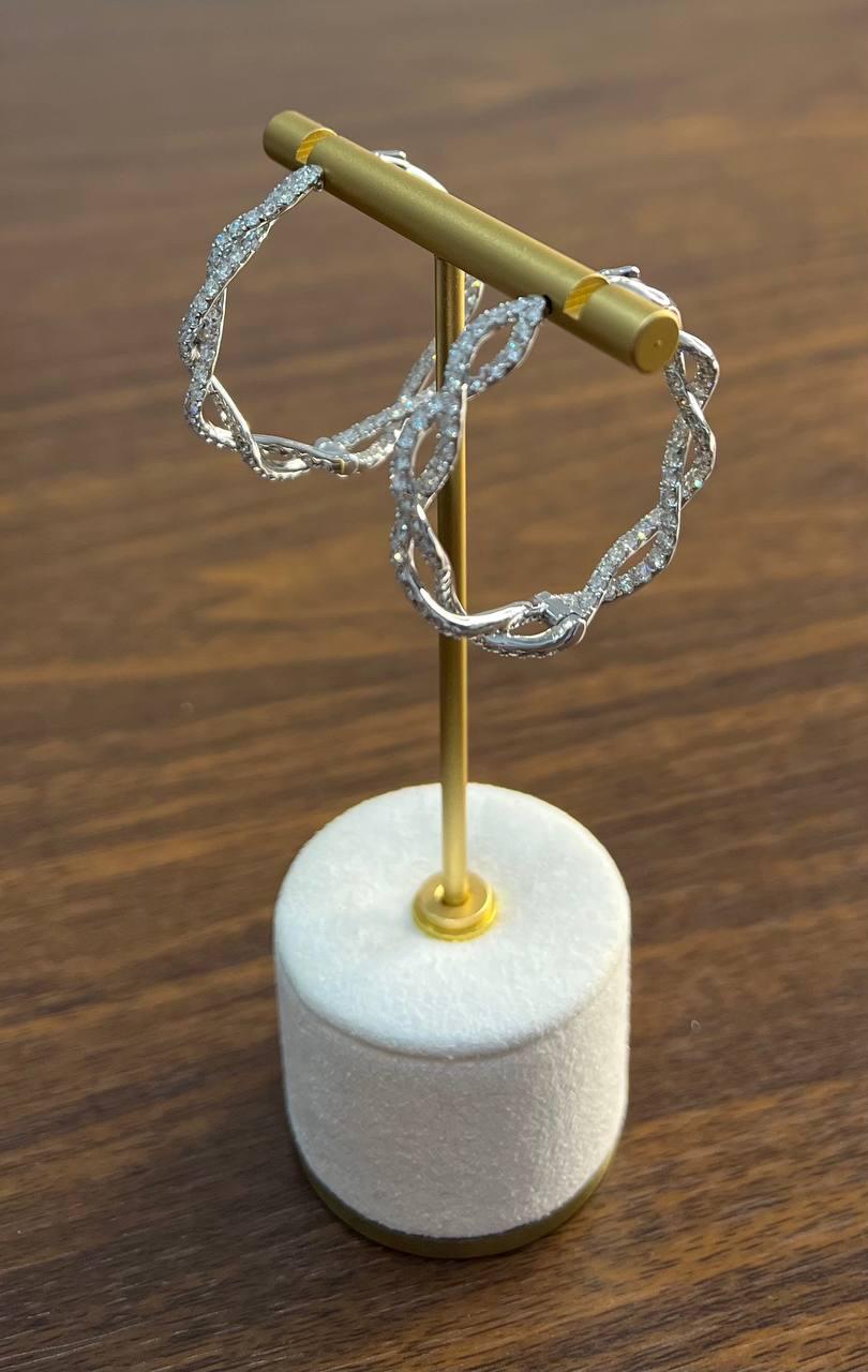 Medium Diamond Hoop Eternity Twist Wave 18K White Gold Statement Drop Earrings