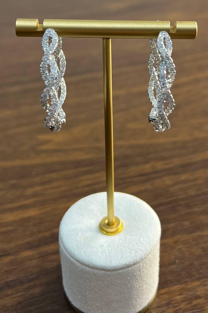 Medium Diamond Hoop Eternity Twist Wave 18K White Gold Statement Drop Earrings