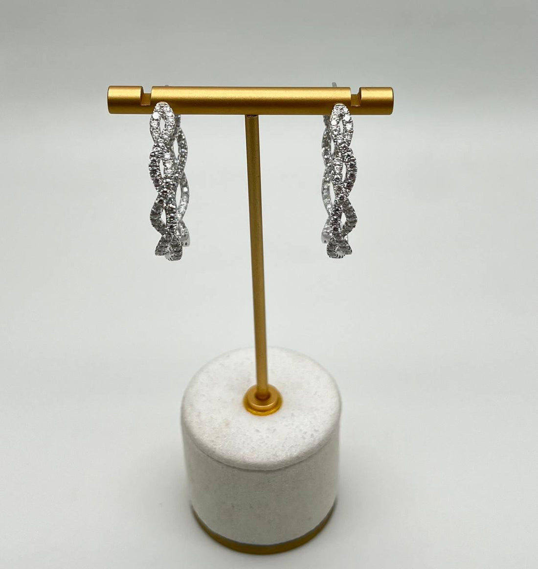 Medium Diamond Hoop Eternity Twist Wave 18K White Gold Statement Drop Earrings