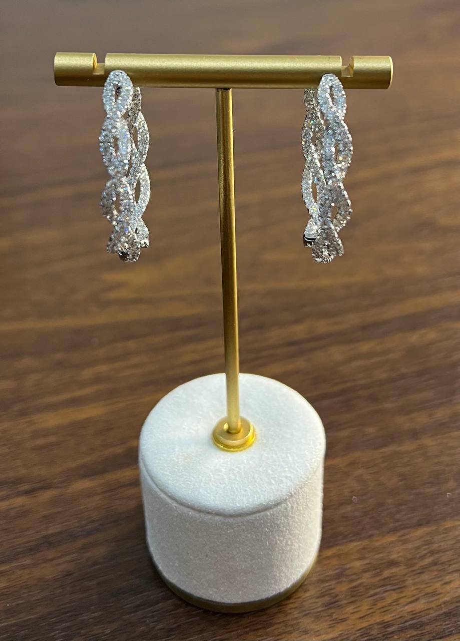 Medium Diamond Hoop Eternity Twist Wave 18K White Gold Statement Drop Earrings