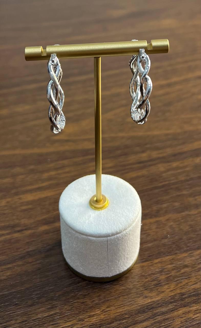 Medium Diamond Hoop Eternity Twist Wave 18K White Gold Statement Drop Earrings