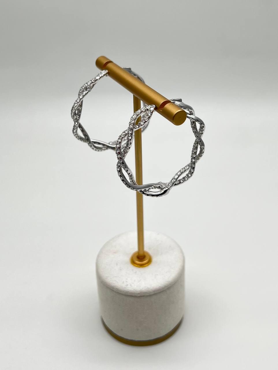 Medium Diamond Hoop Eternity Twist Wave 18K White Gold Statement Drop Earrings