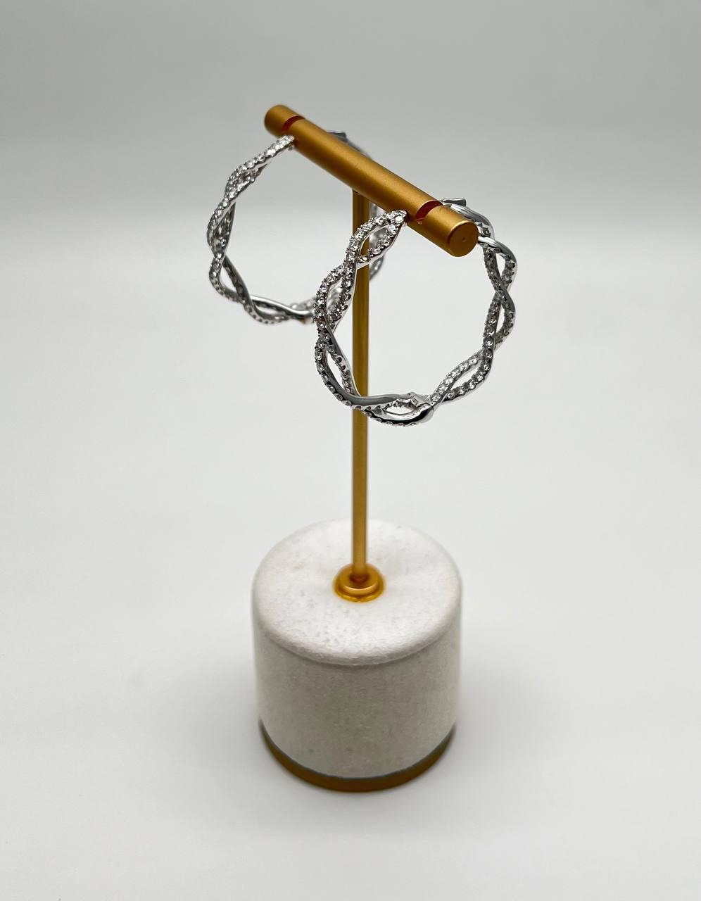 Medium Diamond Hoop Eternity Twist Wave 18K White Gold Statement Drop Earrings