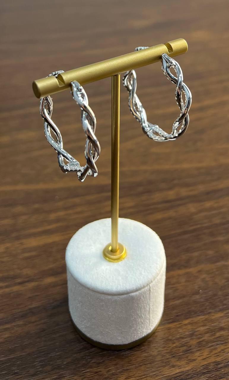 Medium Diamond Hoop Eternity Twist Wave 18K White Gold Statement Drop Earrings