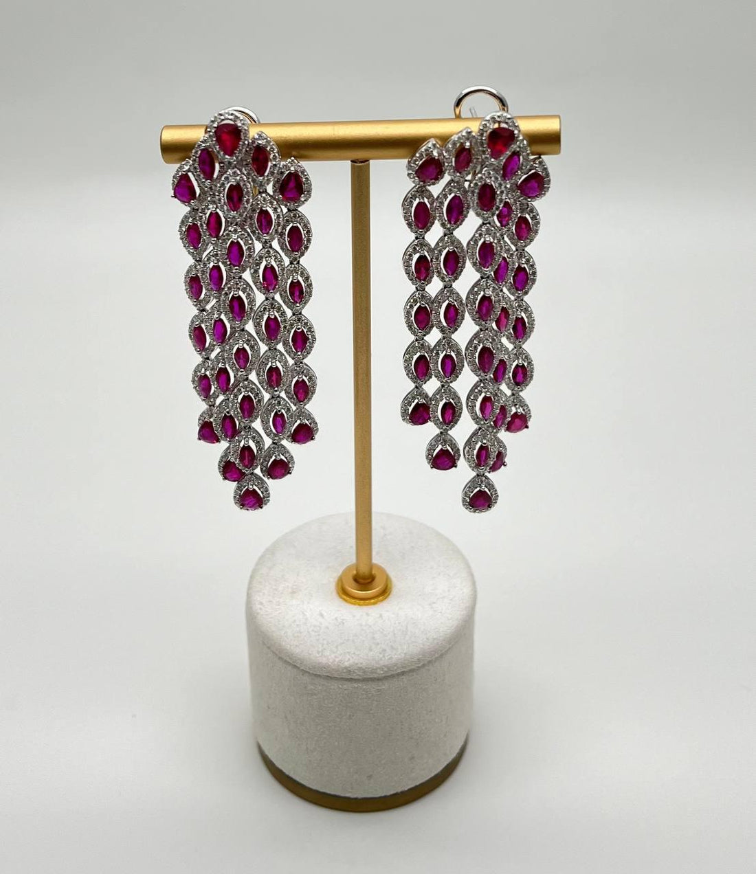 Fancy Cut Shape Red Ruby White Diamonds Halo Statement 18K White Gold Earrings