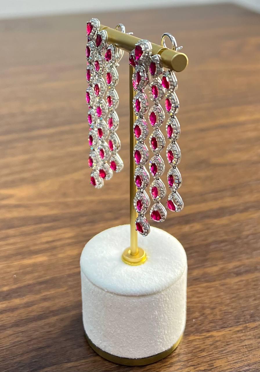 Fancy Cut Shape Red Ruby White Diamonds Halo Statement 18K White Gold Earrings