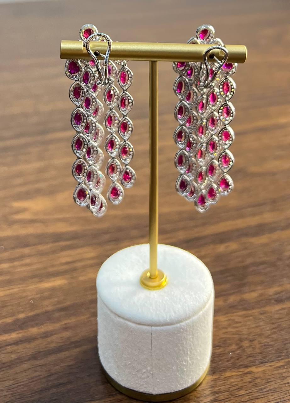 Fancy Cut Shape Red Ruby White Diamonds Halo Statement 18K White Gold Earrings