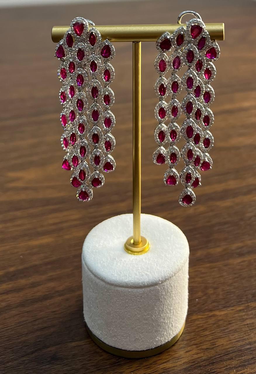 Fancy Cut Shape Red Ruby White Diamonds Halo Statement 18K White Gold Earrings