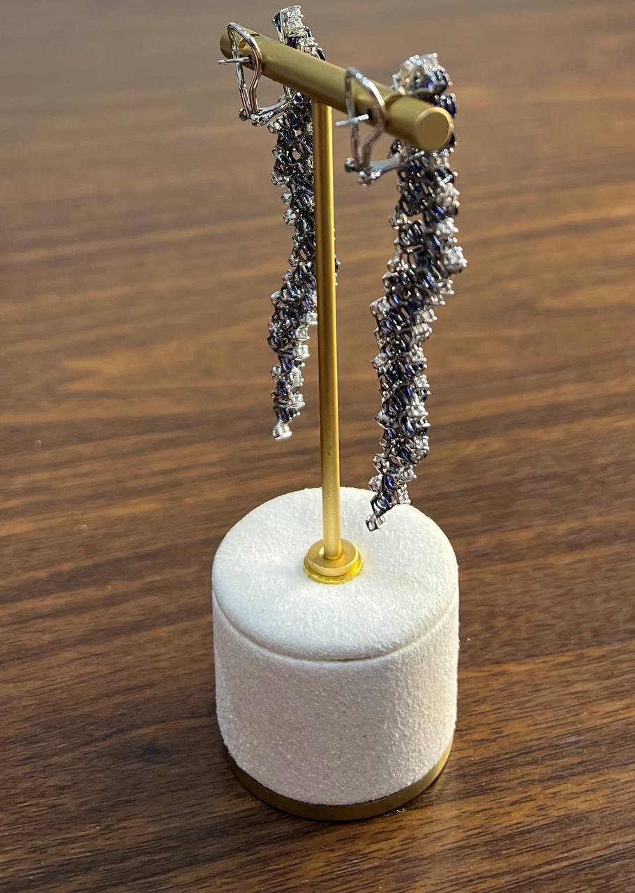 Blue Sapphire Cascade Wave Diamonds 18K White Gold Statement Fancy Earrings