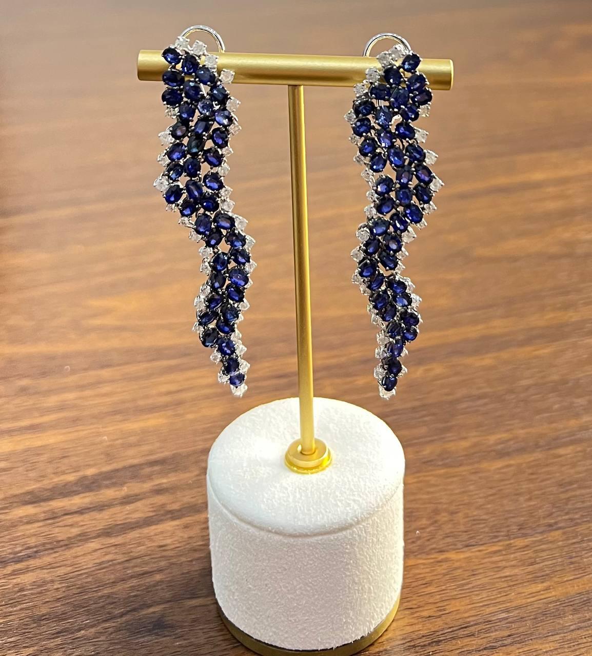 Blue Sapphire Cascade Wave Diamonds 18K White Gold Statement Fancy Earrings