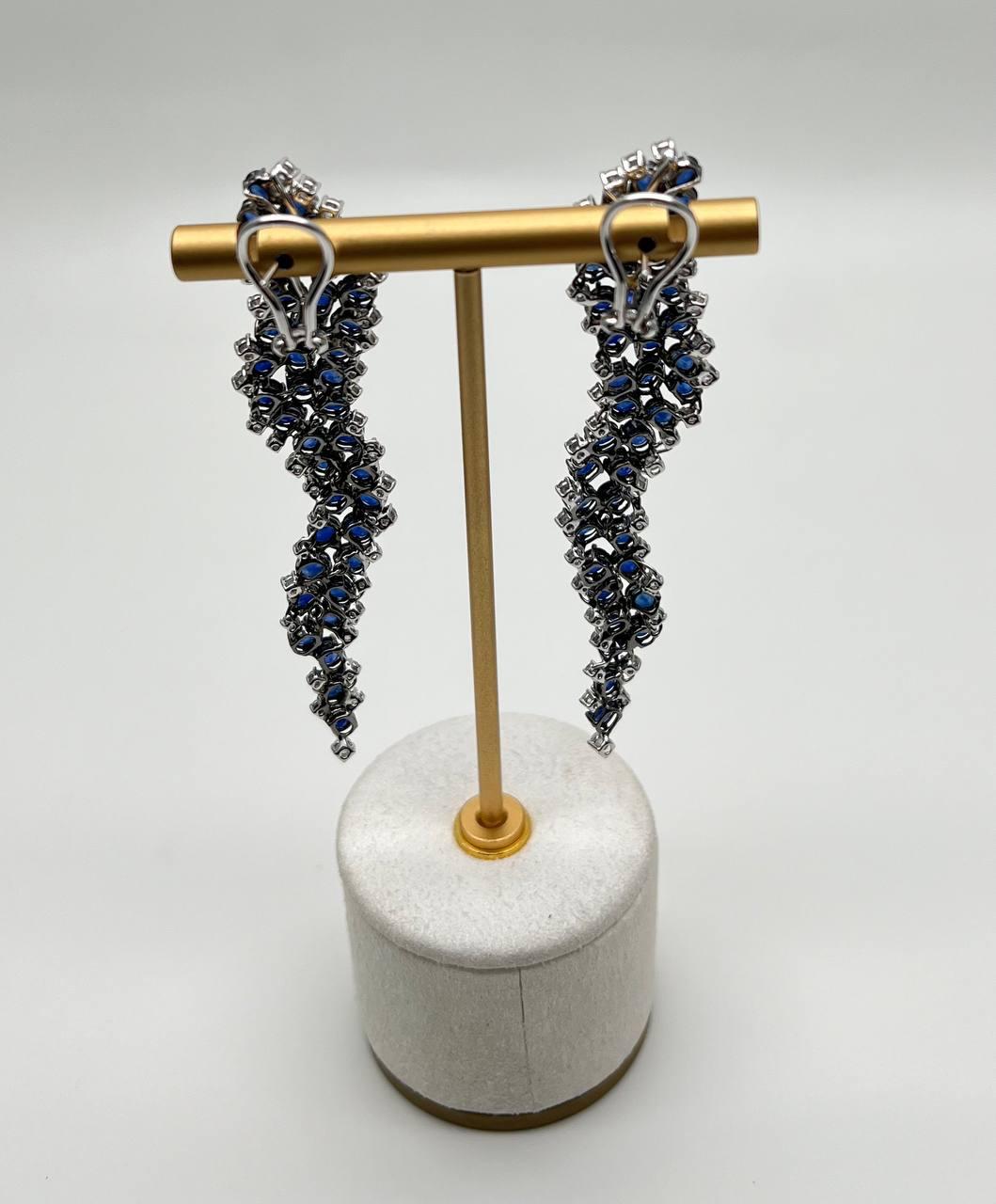 Blue Sapphire Cascade Wave Diamonds 18K White Gold Statement Fancy Earrings