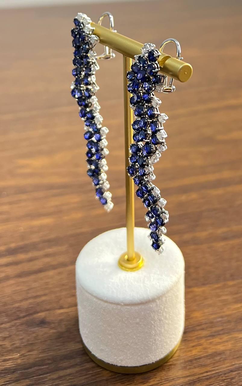 Blue Sapphire Cascade Wave Diamonds 18K White Gold Statement Fancy Earrings