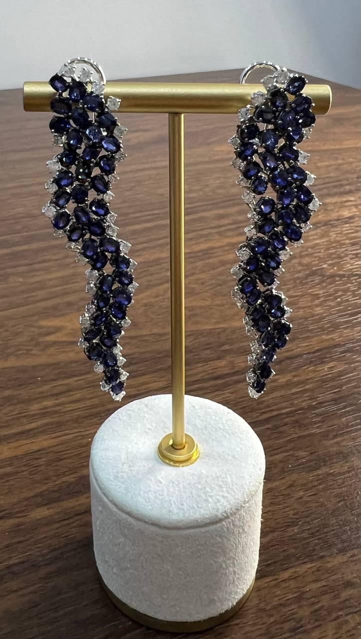 Blue Sapphire Cascade Wave Diamonds 18K White Gold Statement Fancy Earrings