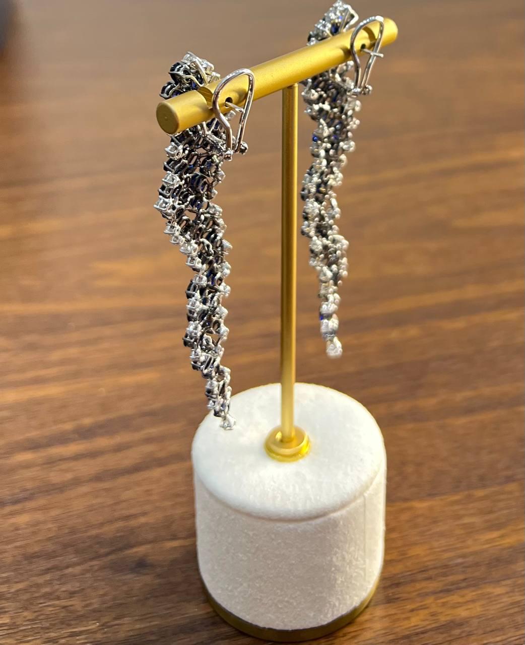 Blue Sapphire Cascade Wave Diamonds 18K White Gold Statement Fancy Earrings