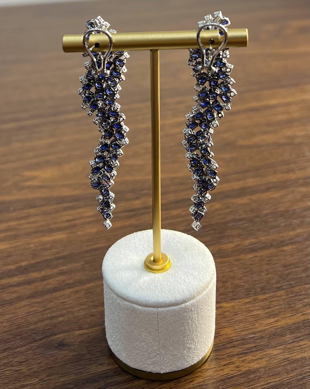 Blue Sapphire Cascade Wave Diamonds 18K White Gold Statement Fancy Earrings