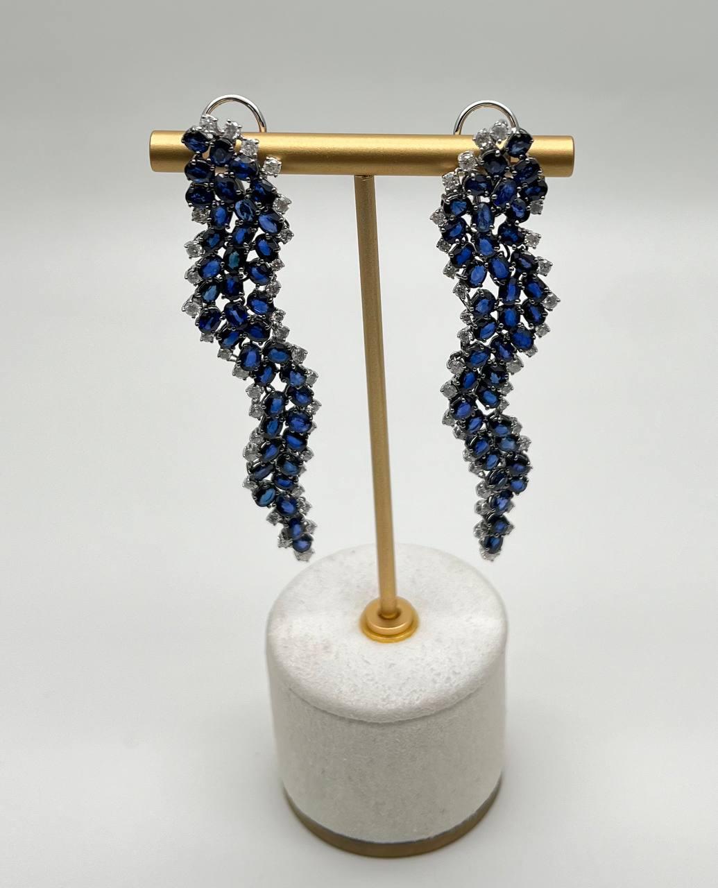 Blue Sapphire Cascade Wave Diamonds 18K White Gold Statement Fancy Earrings